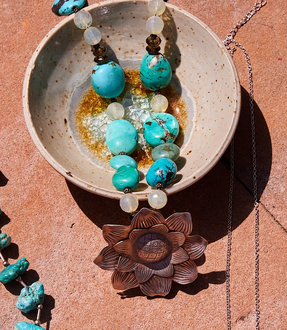 Turquoise Silver Flower Pendant Necklace 10 Turquoise Silver Flower Pendant Necklace - Image 8