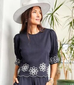 3/4 Sleeve Embroidered Scallop Top 21 3/4 Sleeve Embroidered Scallop Top -Karen Kane Store D22552F7 81AC 4484 916D 5BE5A0072EC3