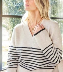 Stripe V-Neck Sweater -Karen Kane Store DD7520DF 884C 454E B374 DDEA8BDFF88F