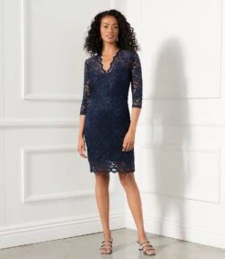 V-Neck Scallop Hem Lace Dress -Karen Kane Store L36529 NAV 0134