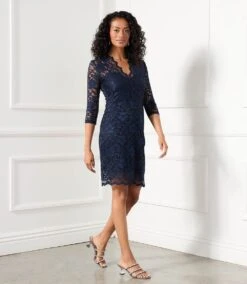 V-Neck Scallop Hem Lace Dress -Karen Kane Store L36529 NAV 0144