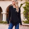 Petite Size Asymmetric Fringe Top -Karen Kane Store karenkane 2023 fall 3L13189 BLK 001 ae57d475 d195 41d7 9f2c e1b5c5a8638d