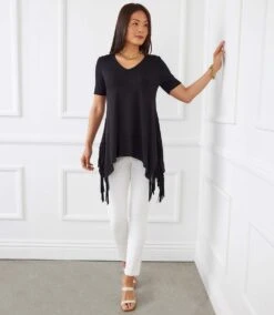 Petite Size Short Sleeve Fringe Top
