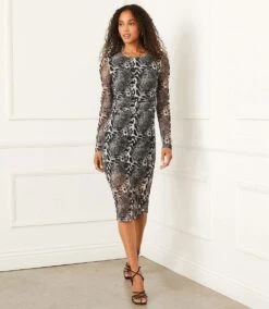 Mesh Side Shirred Midi Dress